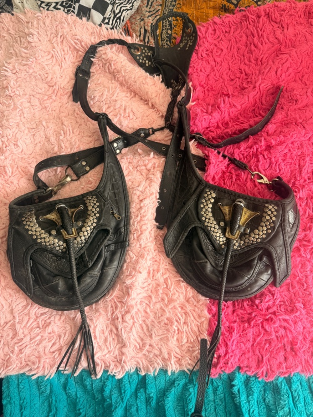 Festival burning man Black Studded Double Hip Bag with Braided Tassels holsters